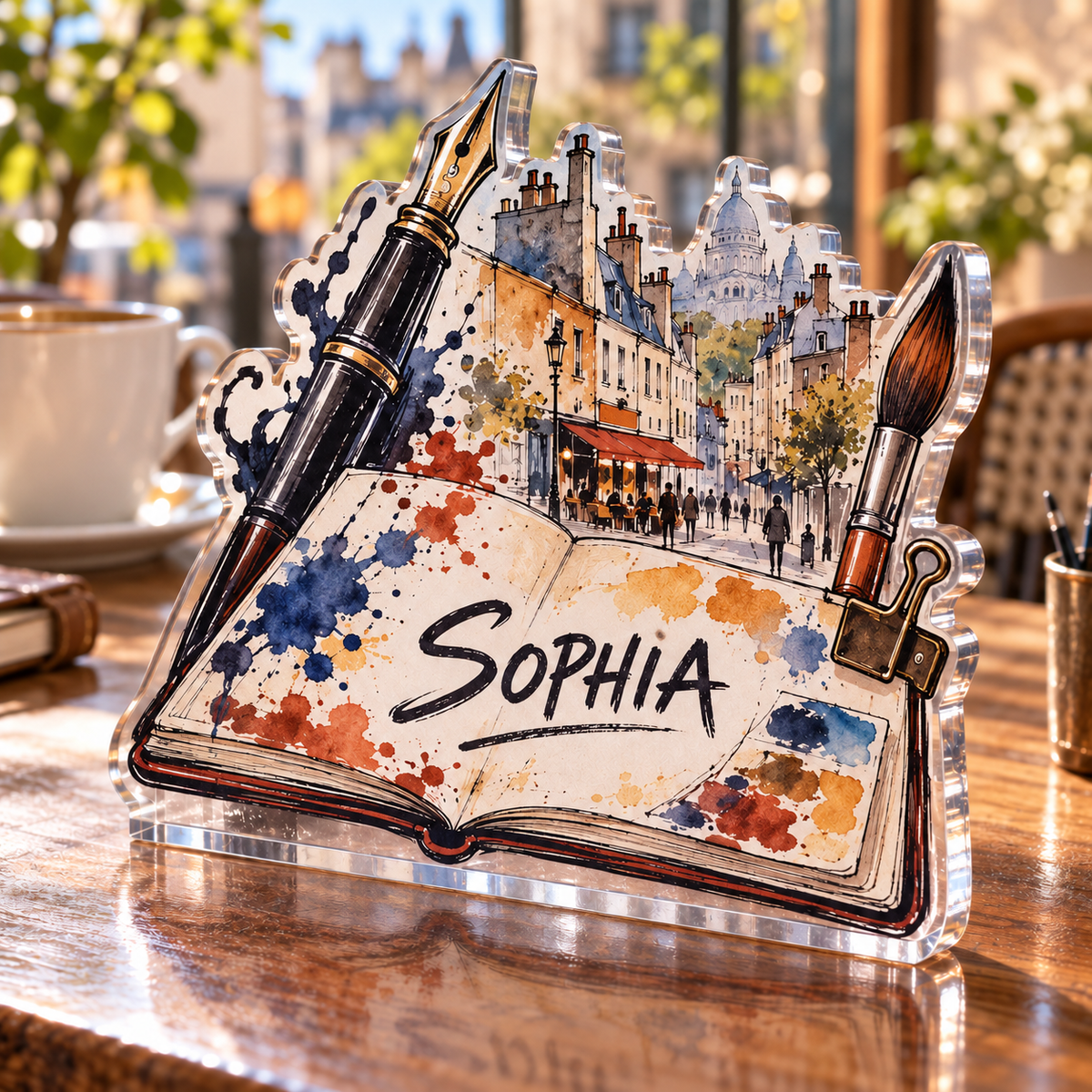 Artwork visualization: Urban sketching — beginner encouragement, personalized SOPHIA, subject-shaped acrylic with printed optical 3D depth; not carved relief.