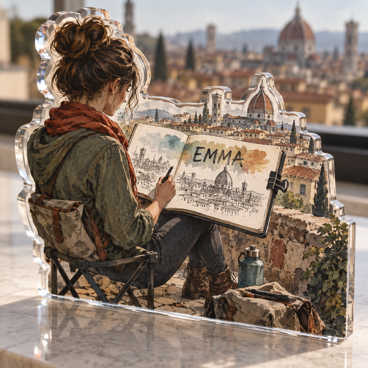 Artwork visualization: Urban sketching — mentor appreciation, personalized EMMA, subject-shaped acrylic with printed optical 3D depth; not carved relief.