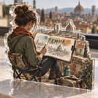Artwork visualization: Urban sketching — mentor appreciation, personalized EMMA, subject-shaped acrylic with printed optical 3D depth; not carved relief.