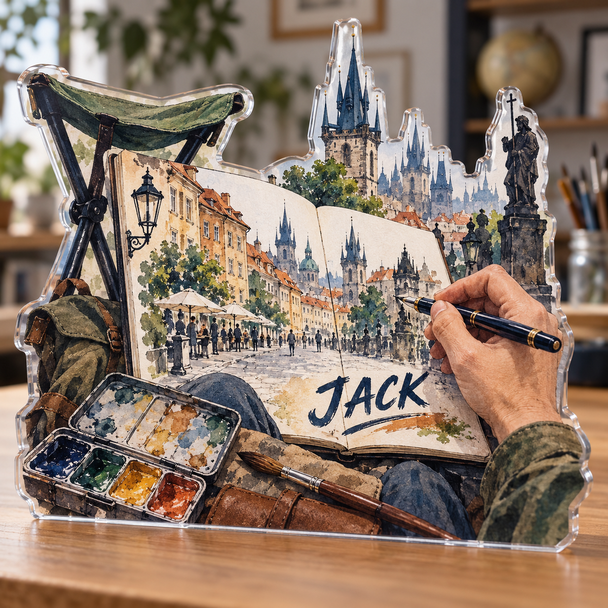 Artwork visualization: Urban sketching — hobby room centerpiece, personalized JACK, subject-shaped acrylic with printed optical 3D depth; not carved relief.