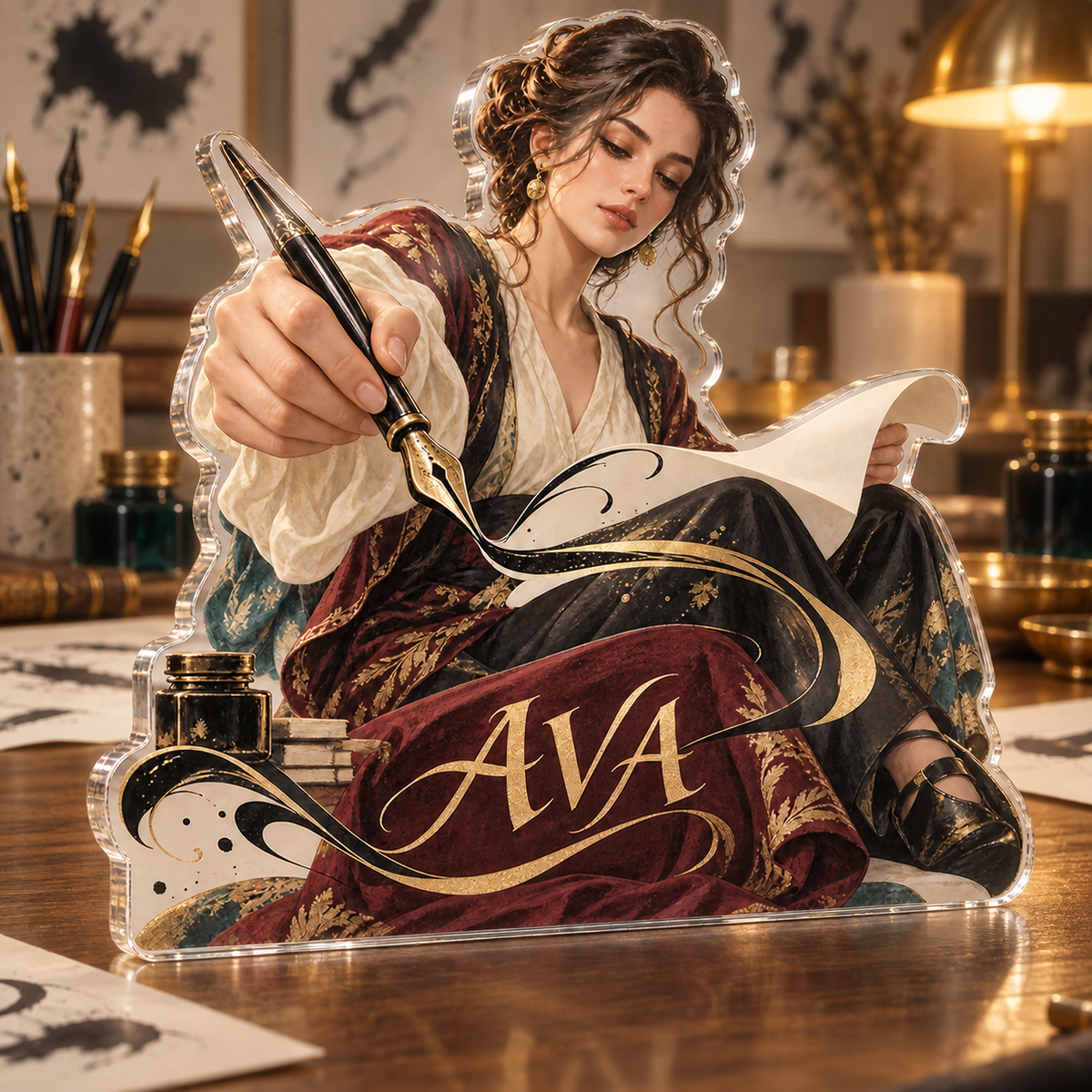 Artwork visualization: Calligraphy — studio wall identity, personalized AVA, subject-shaped acrylic with printed optical 3D depth; not carved relief.