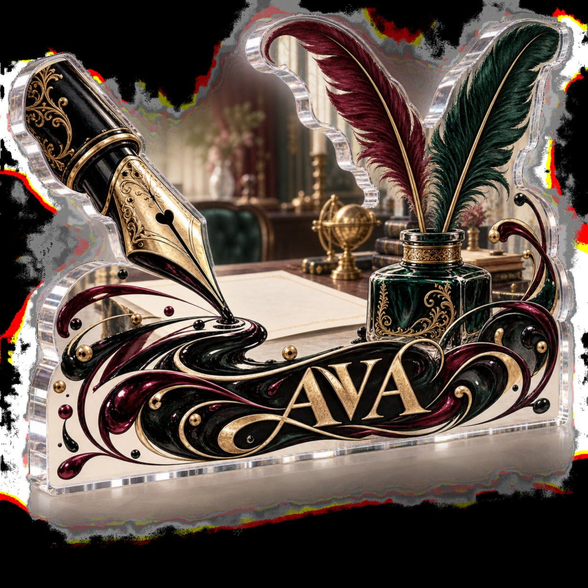 Personalized Calligraphy Creative Desk Setup custom shape acrylic plaque with an example name set into the artwork, digital preview