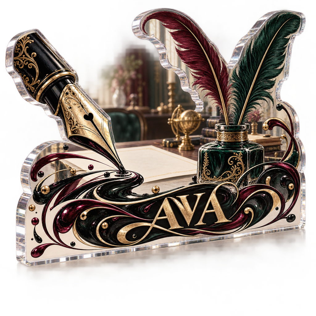 Artwork visualization: Calligraphy — creative desk setup, personalized AVA, subject-shaped acrylic with printed optical 3D depth; not carved relief.