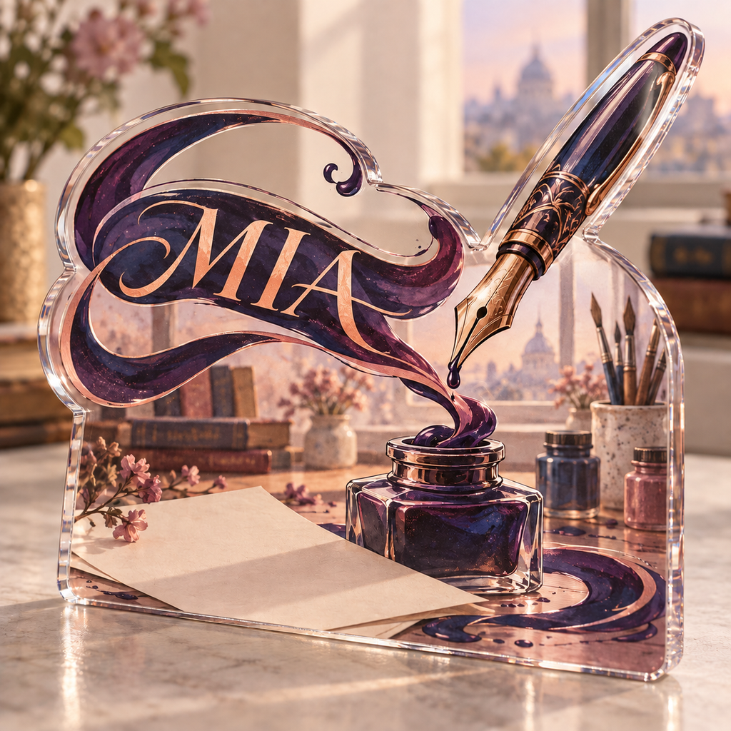 Artwork visualization: Calligraphy — beginner encouragement, personalized MIA, subject-shaped acrylic with printed optical 3D depth; not carved relief.