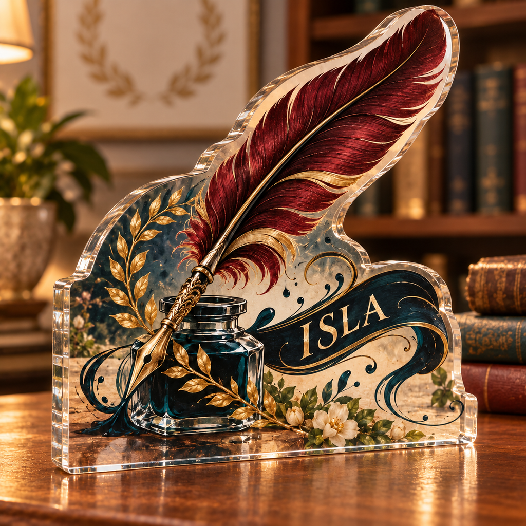 Artwork visualization: Calligraphy — mentor appreciation, personalized ISLA, subject-shaped acrylic with printed optical 3D depth; not carved relief.