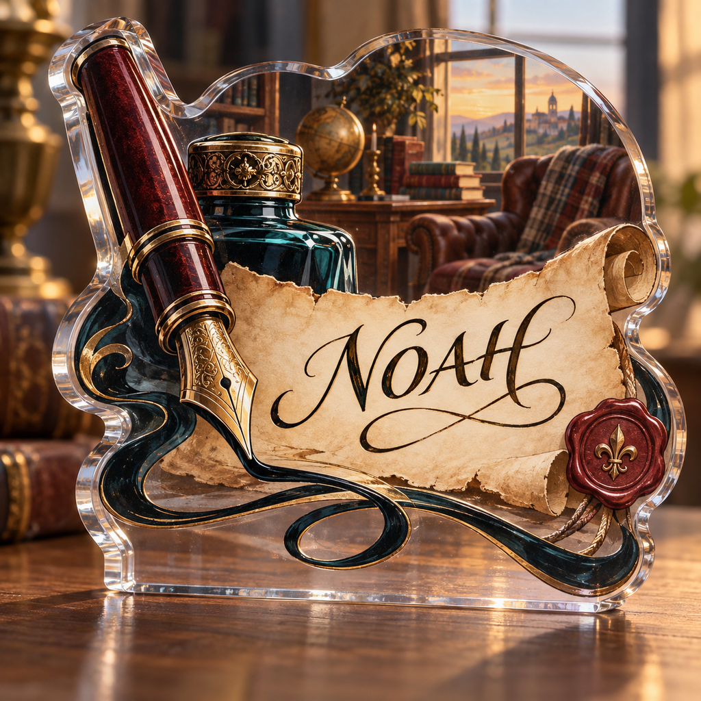 Artwork visualization: Calligraphy — retirement hobby gift, personalized NOAH, subject-shaped acrylic with printed optical 3D depth; not carved relief.