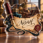 Artwork visualization: Calligraphy — retirement hobby gift, personalized NOAH, subject-shaped acrylic with printed optical 3D depth; not carved relief.
