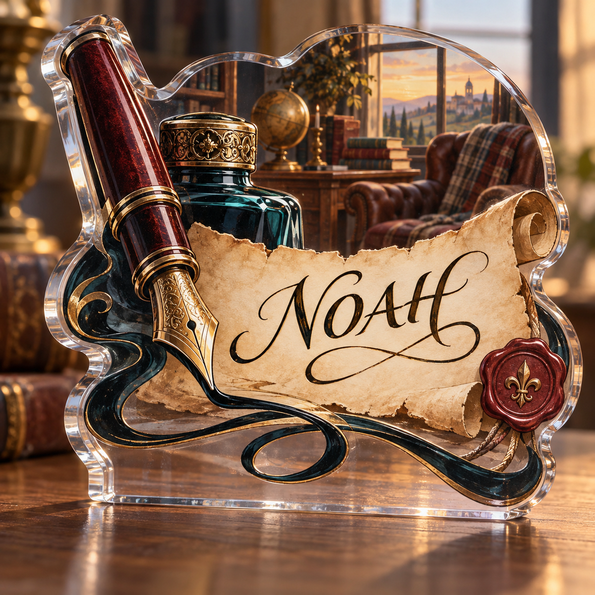 Artwork visualization: Calligraphy — retirement hobby gift, personalized NOAH, subject-shaped acrylic with printed optical 3D depth; not carved relief.