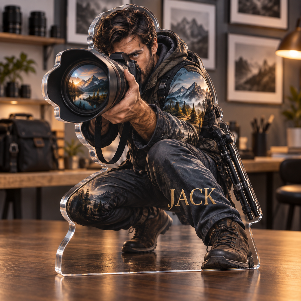 Artwork visualization: Photography — studio wall identity, personalized JACK, subject-shaped acrylic with printed optical 3D depth; not carved relief.