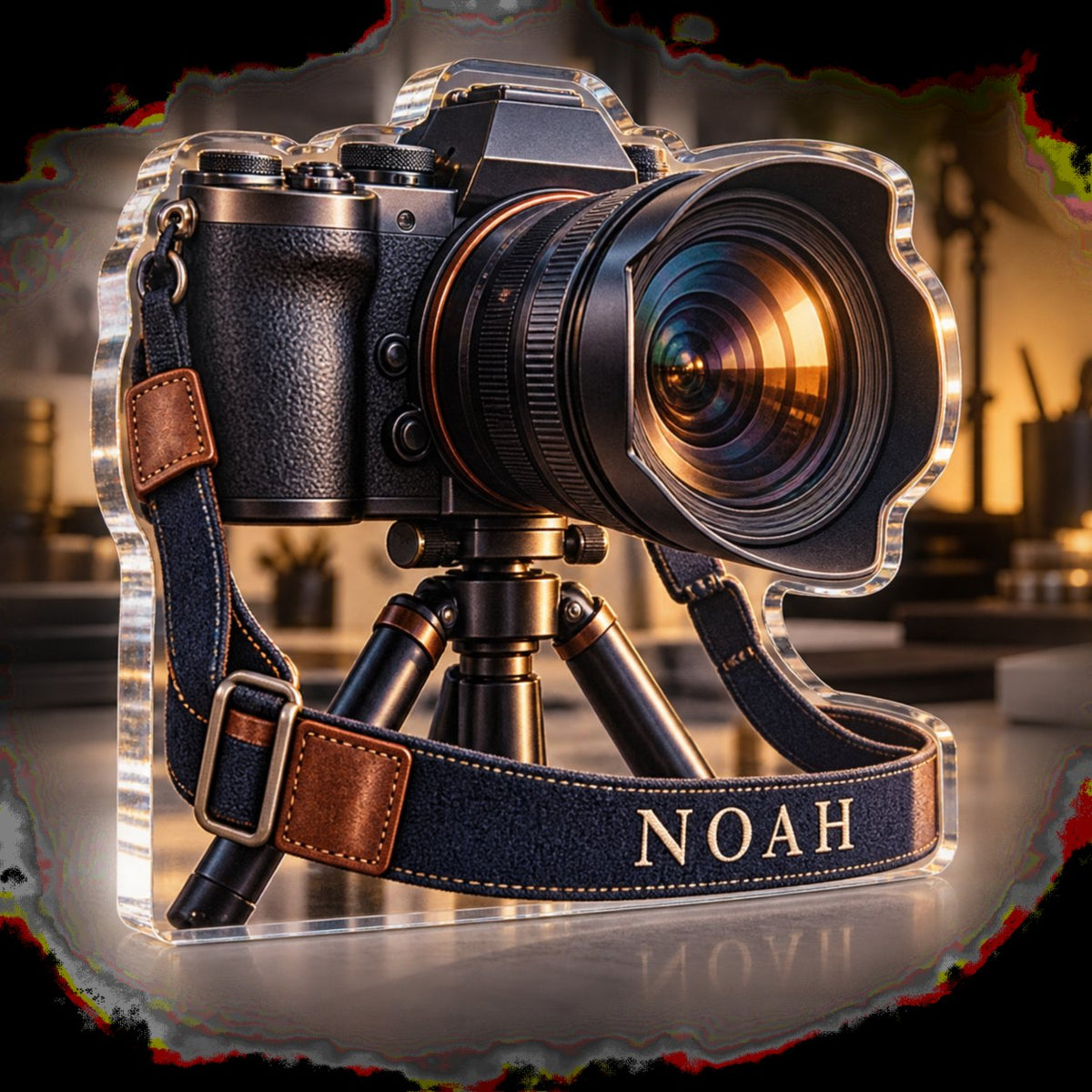 Personalized Photography Creative Desk Setup custom shape acrylic plaque with an example name set into the artwork, digital preview