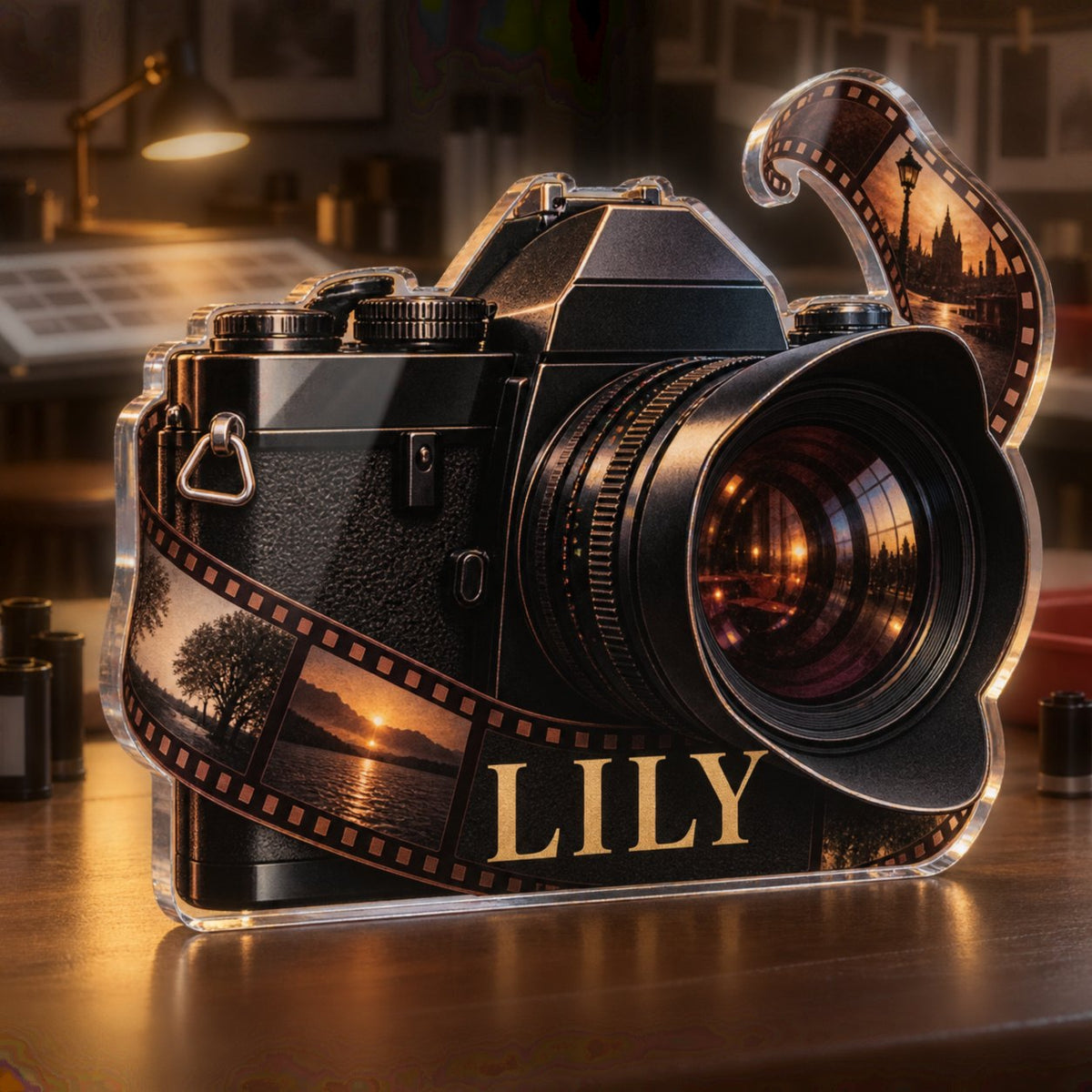 Personalized Film Photography Studio Wall Identity custom shape acrylic plaque with an example name set into the artwork, digital preview