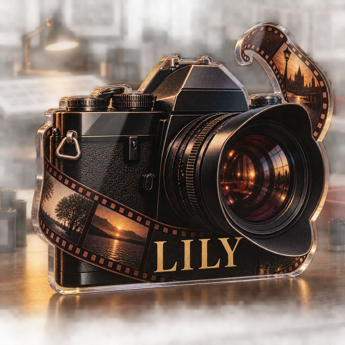 Artwork visualization: Film photography — studio wall identity, personalized LILY, subject-shaped acrylic with printed optical 3D depth; not carved relief.