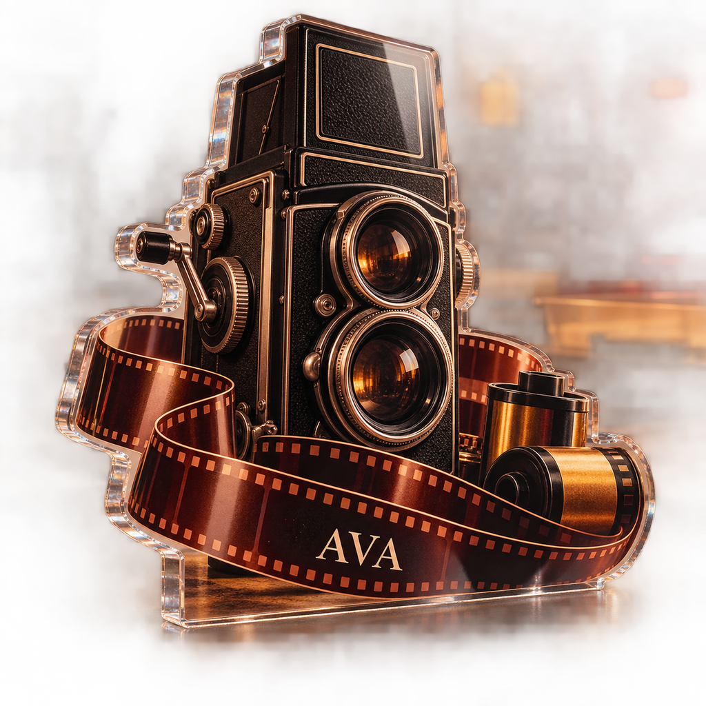 Artwork visualization: Film photography — creative desk setup, personalized AVA, subject-shaped acrylic with printed optical 3D depth; not carved relief.