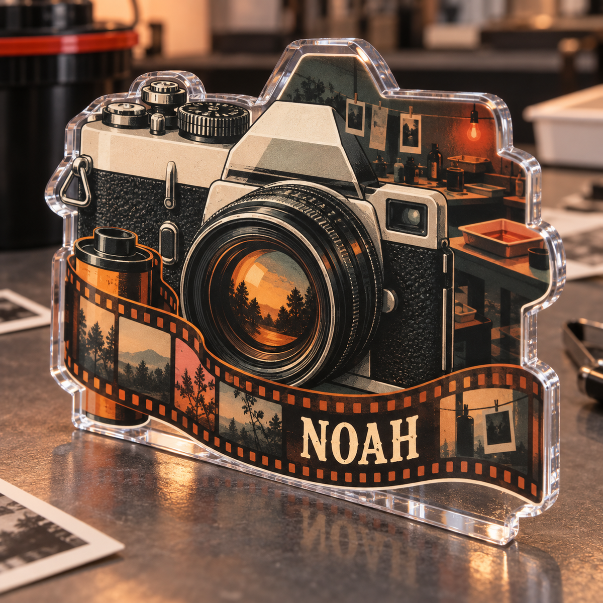 Artwork visualization: Film photography — beginner encouragement, personalized NOAH, subject-shaped acrylic with printed optical 3D depth; not carved relief.