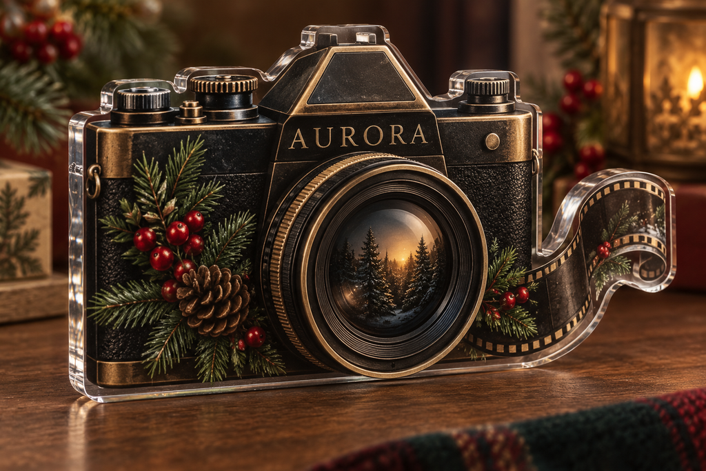 Artwork visualization: Film photography — mentor appreciation, personalized AURORA, subject-shaped acrylic with printed optical 3D depth; not carved relief.