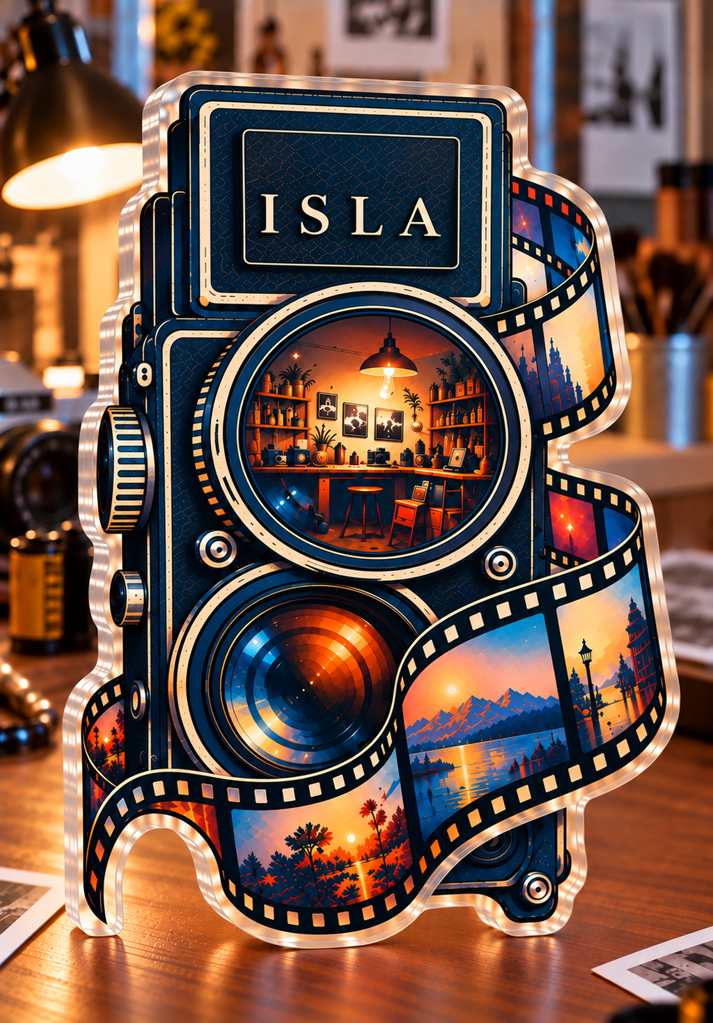 Personalized Film Photography — Hobby Room Centerpiece acrylic plaque with an example name set into the artwork, digital preview