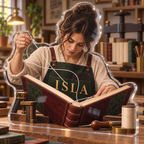 Artwork visualization: Bookbinding — studio wall identity, personalized ISLA, subject-shaped acrylic with printed optical 3D depth; not carved relief.