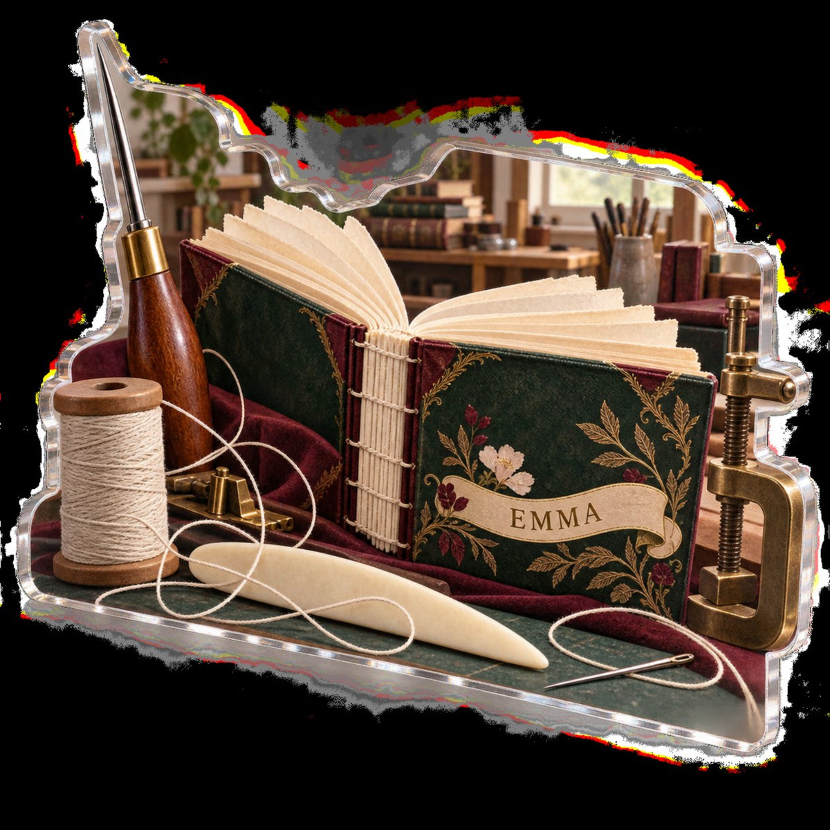 Personalized Bookbinding Creative Desk Setup custom shape acrylic plaque with an example name set into the artwork, digital preview