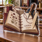 Artwork visualization: Bookbinding — beginner encouragement, personalized EMMA, subject-shaped acrylic with printed optical 3D depth; not carved relief.