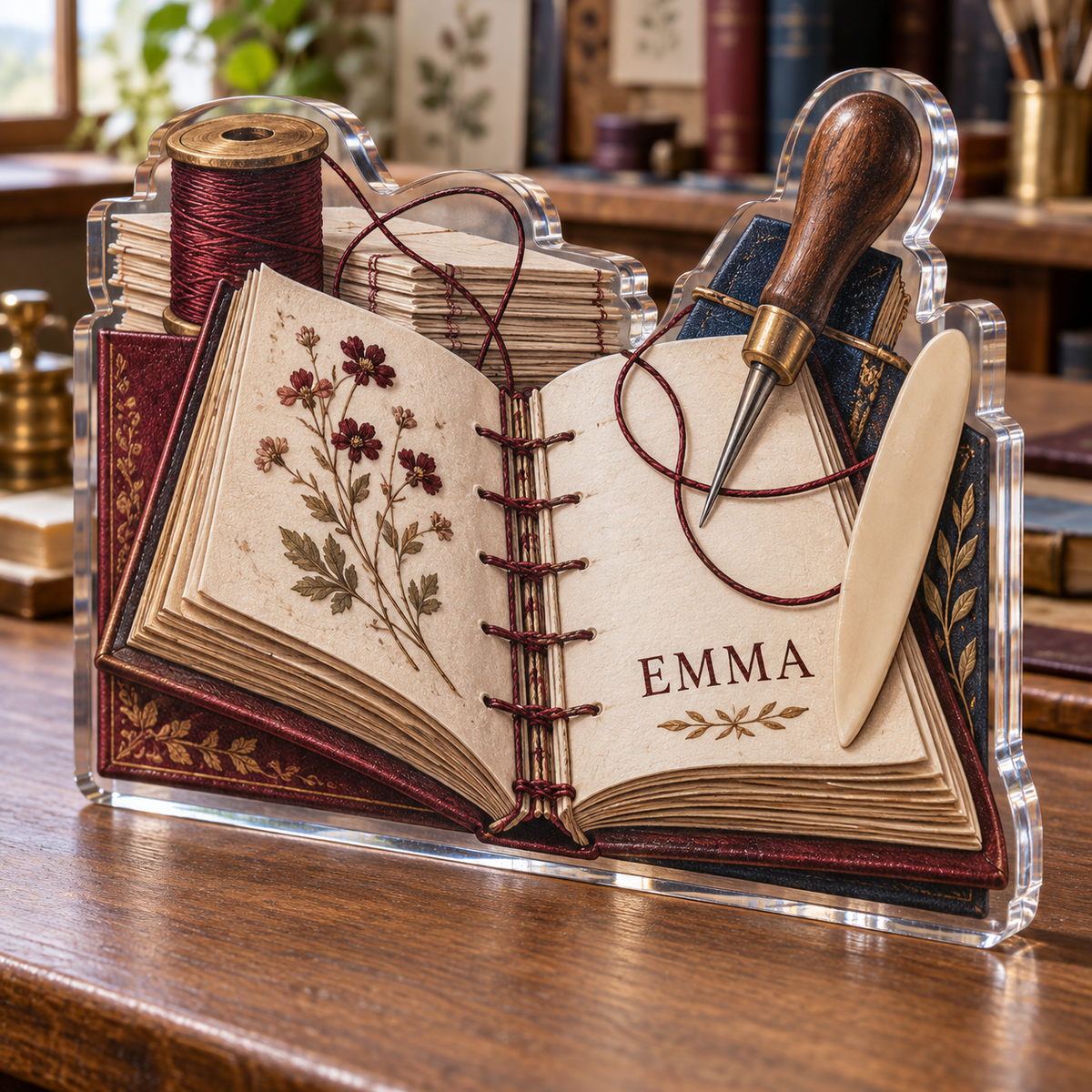 Artwork visualization: Bookbinding — beginner encouragement, personalized EMMA, subject-shaped acrylic with printed optical 3D depth; not carved relief.
