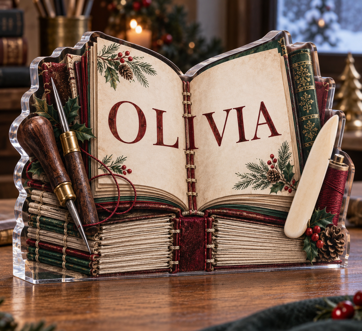 Artwork visualization: Bookbinding — mentor appreciation, personalized OLIVIA, subject-shaped acrylic with printed optical 3D depth; not carved relief.