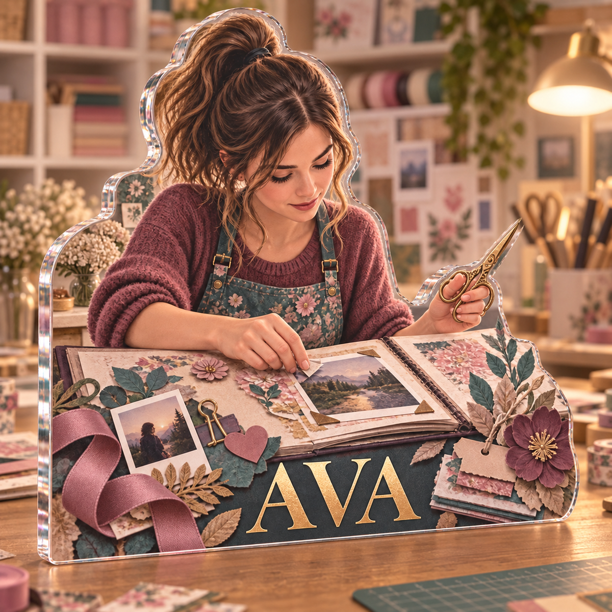 Artwork visualization: Scrapbooking — studio wall identity, personalized AVA, subject-shaped acrylic with printed optical 3D depth; not carved relief.