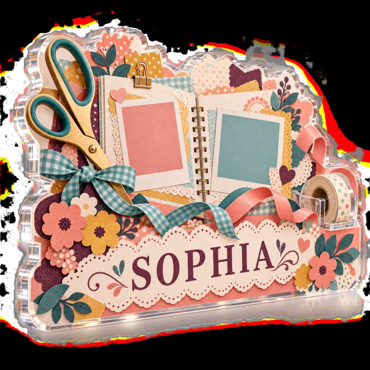 Personalized Scrapbooking Creative Desk Setup custom shape acrylic plaque with an example name set into the artwork, digital preview
