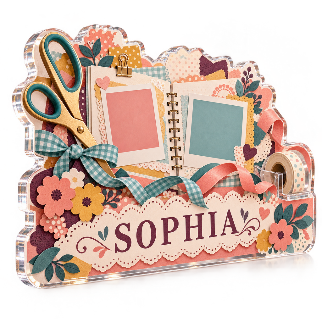 Artwork visualization: Scrapbooking — creative desk setup, personalized SOPHIA, subject-shaped acrylic with printed optical 3D depth; not carved relief.