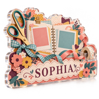 Artwork visualization: Scrapbooking — creative desk setup, personalized SOPHIA, subject-shaped acrylic with printed optical 3D depth; not carved relief.