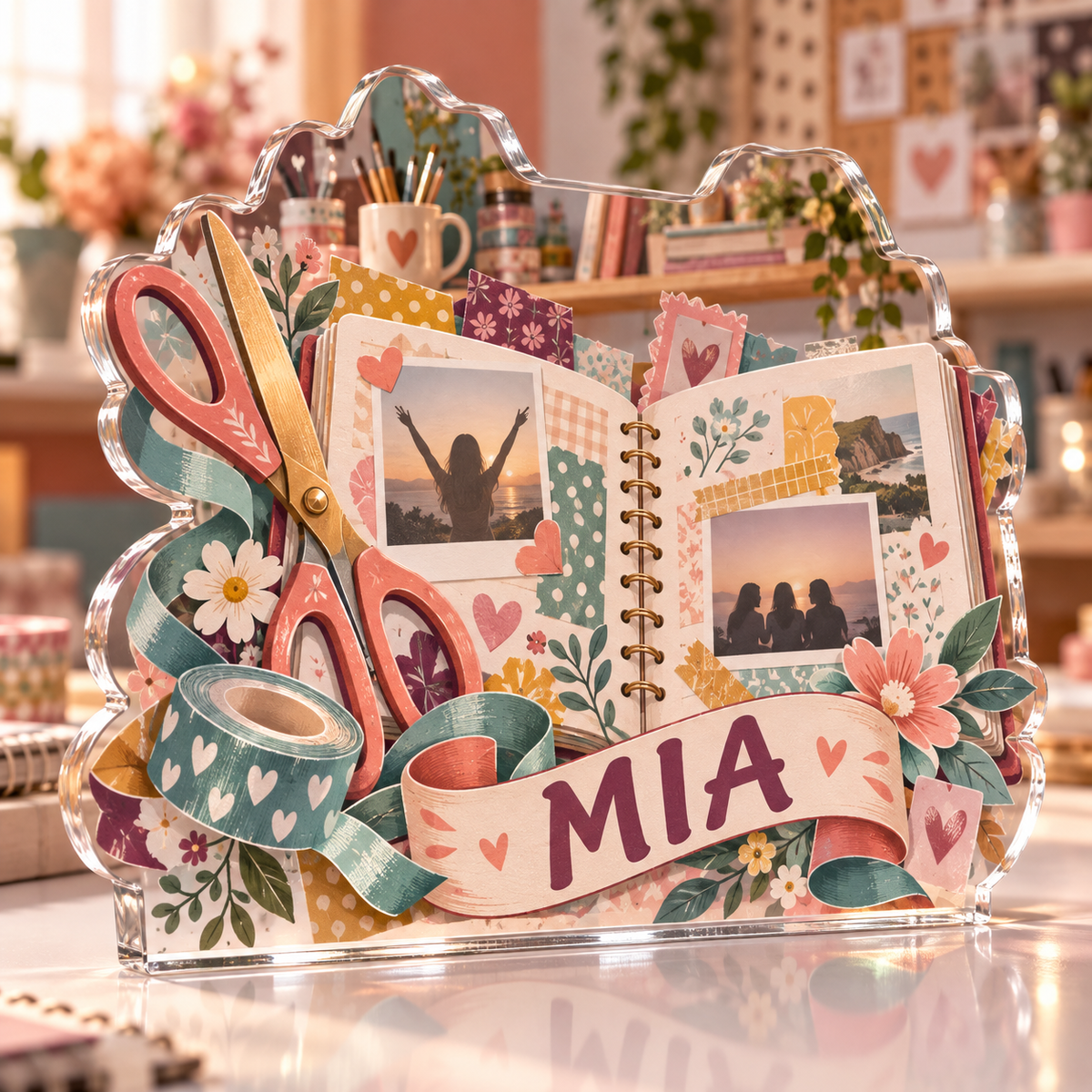 Artwork visualization: Scrapbooking — beginner encouragement, personalized MIA, subject-shaped acrylic with printed optical 3D depth; not carved relief.