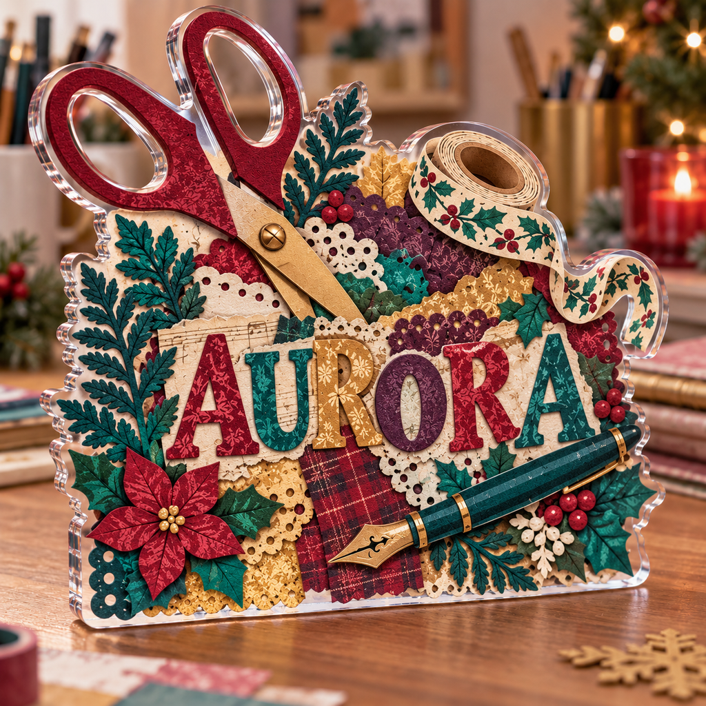Artwork visualization: Scrapbooking — mentor appreciation, personalized AURORA, subject-shaped acrylic with printed optical 3D depth; not carved relief.