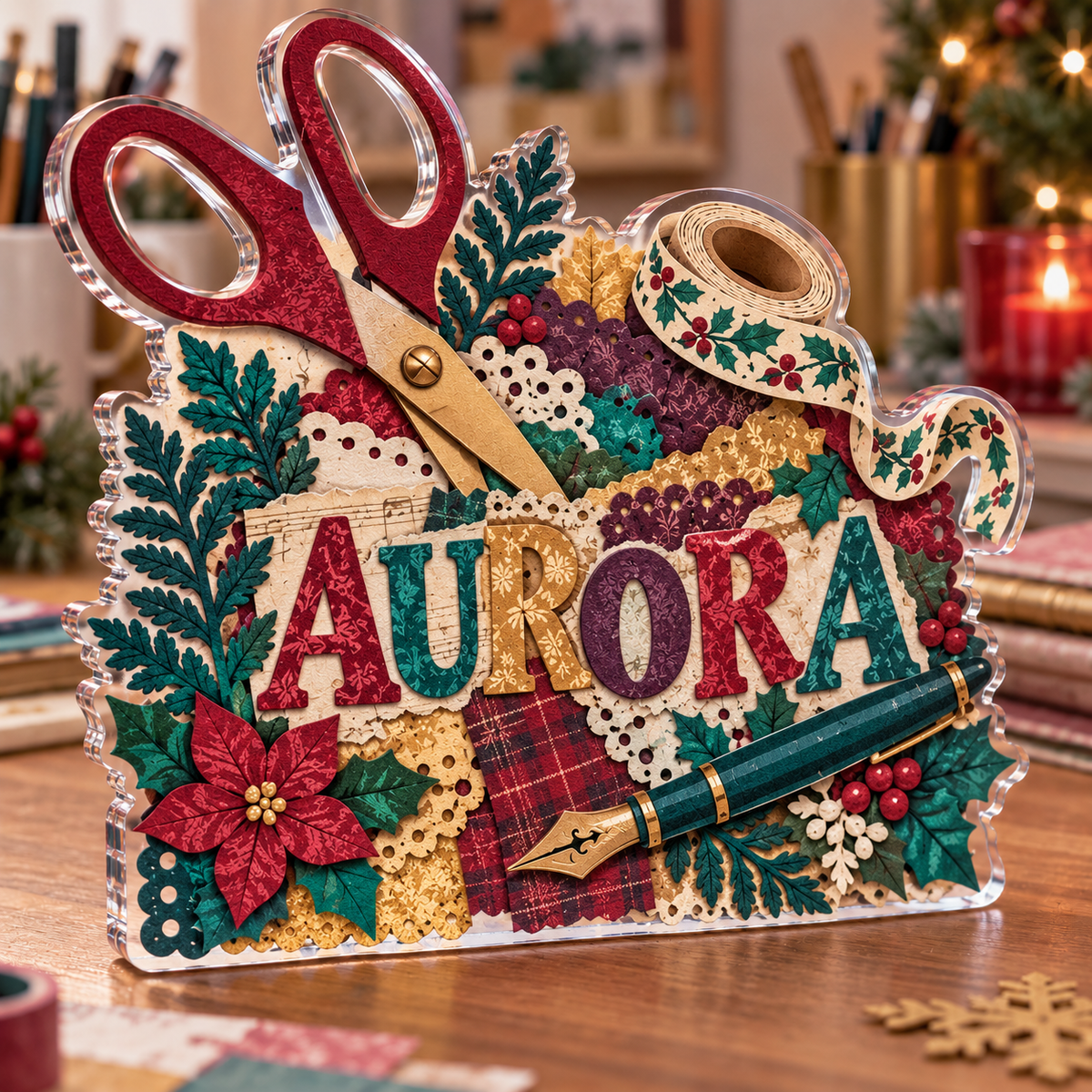 Artwork visualization: Scrapbooking — mentor appreciation, personalized AURORA, subject-shaped acrylic with printed optical 3D depth; not carved relief.