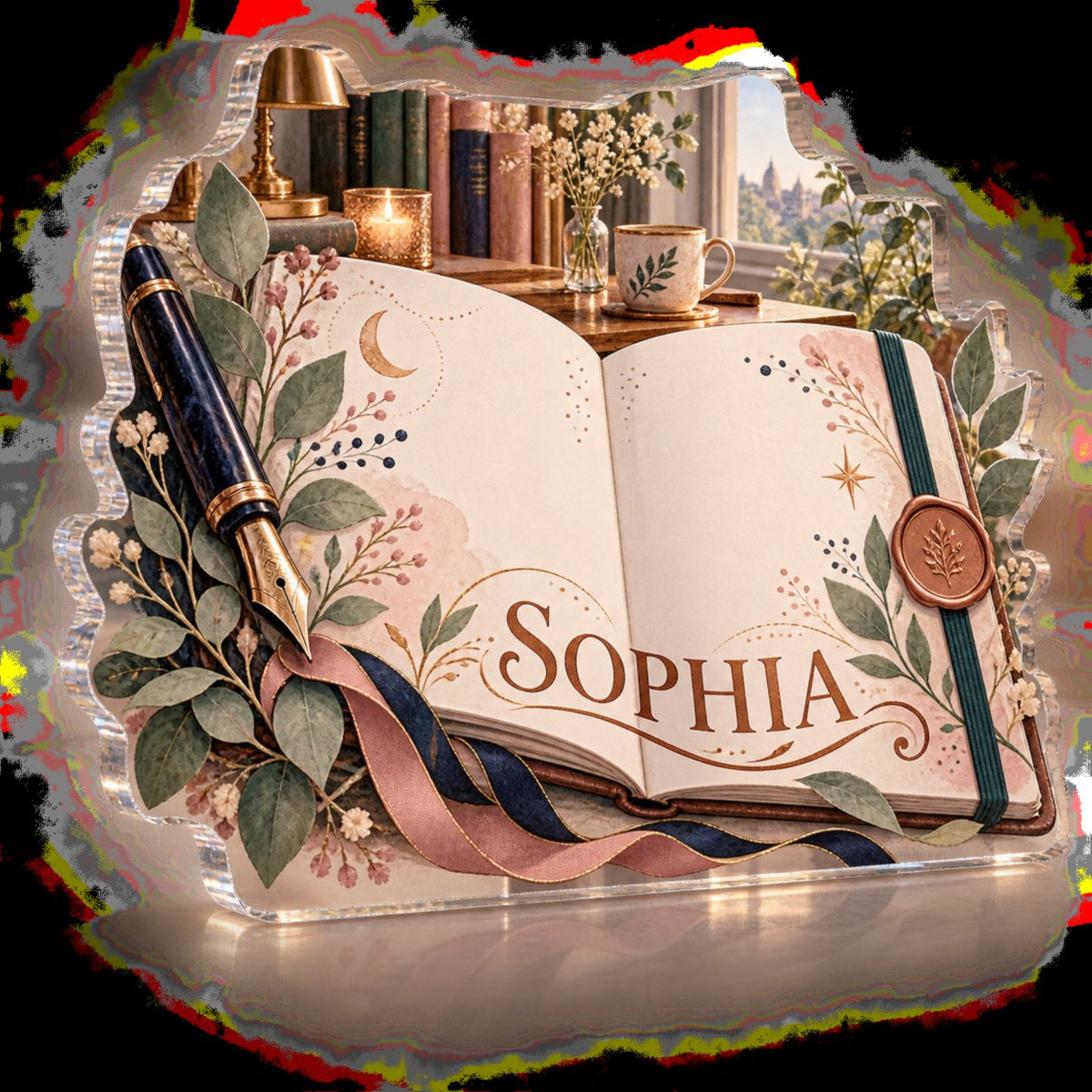 Personalized Journaling Creative Desk Setup custom shape acrylic plaque with an example name set into the artwork, digital preview