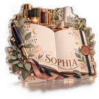 Artwork visualization: Journaling — creative desk setup, personalized SOPHIA, subject-shaped acrylic with printed optical 3D depth; not carved relief.