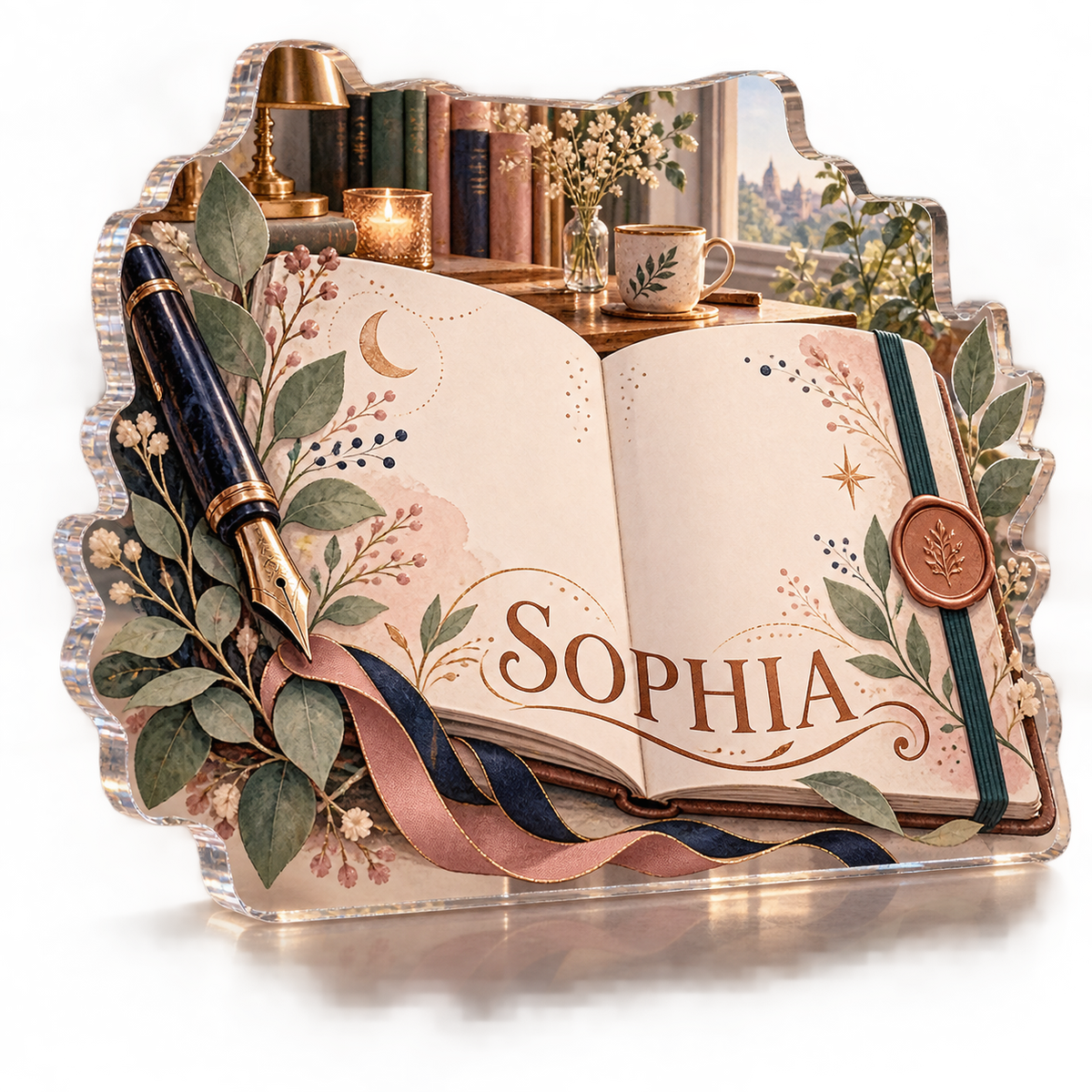Artwork visualization: Journaling — creative desk setup, personalized SOPHIA, subject-shaped acrylic with printed optical 3D depth; not carved relief.