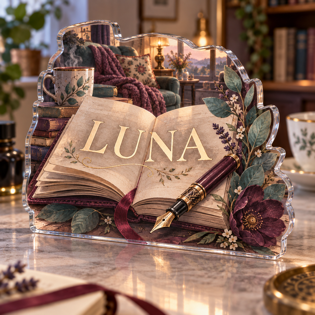 Artwork visualization: Journaling — retirement hobby gift, personalized LUNA, subject-shaped acrylic with printed optical 3D depth; not carved relief.