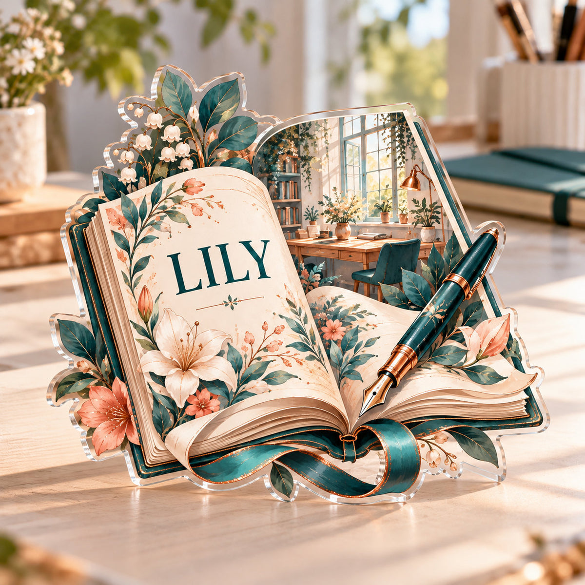 Personalized acrylic plaque with an example name set into the artwork, digital preview