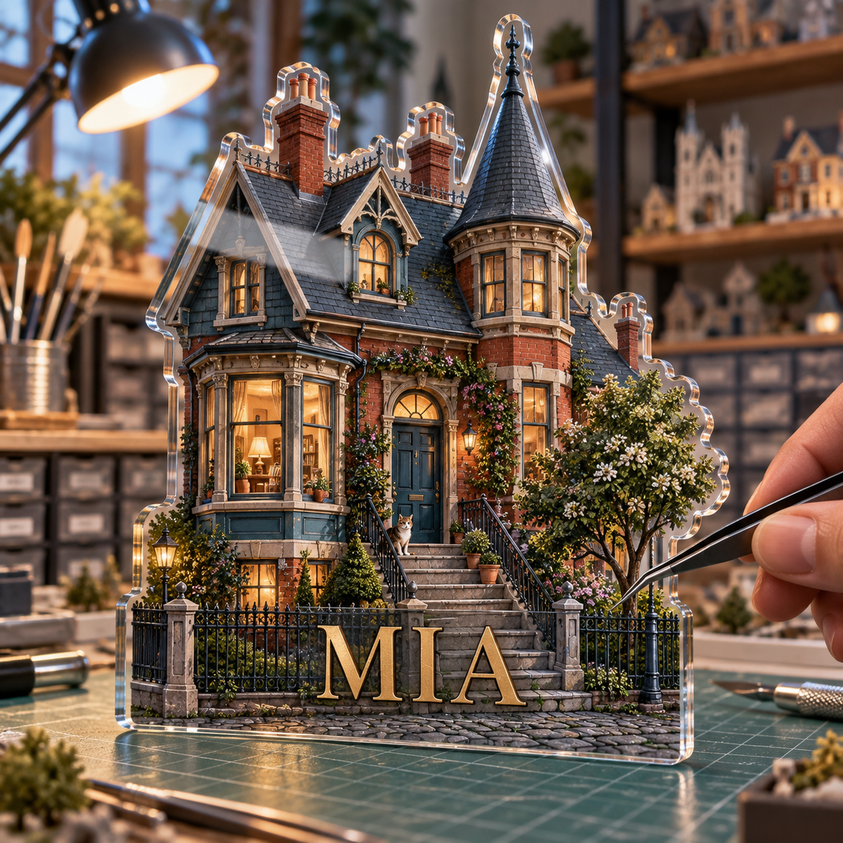 Artwork visualization: Miniature building — studio wall identity, personalized MIA, subject-shaped acrylic with printed optical 3D depth; not carved relief.