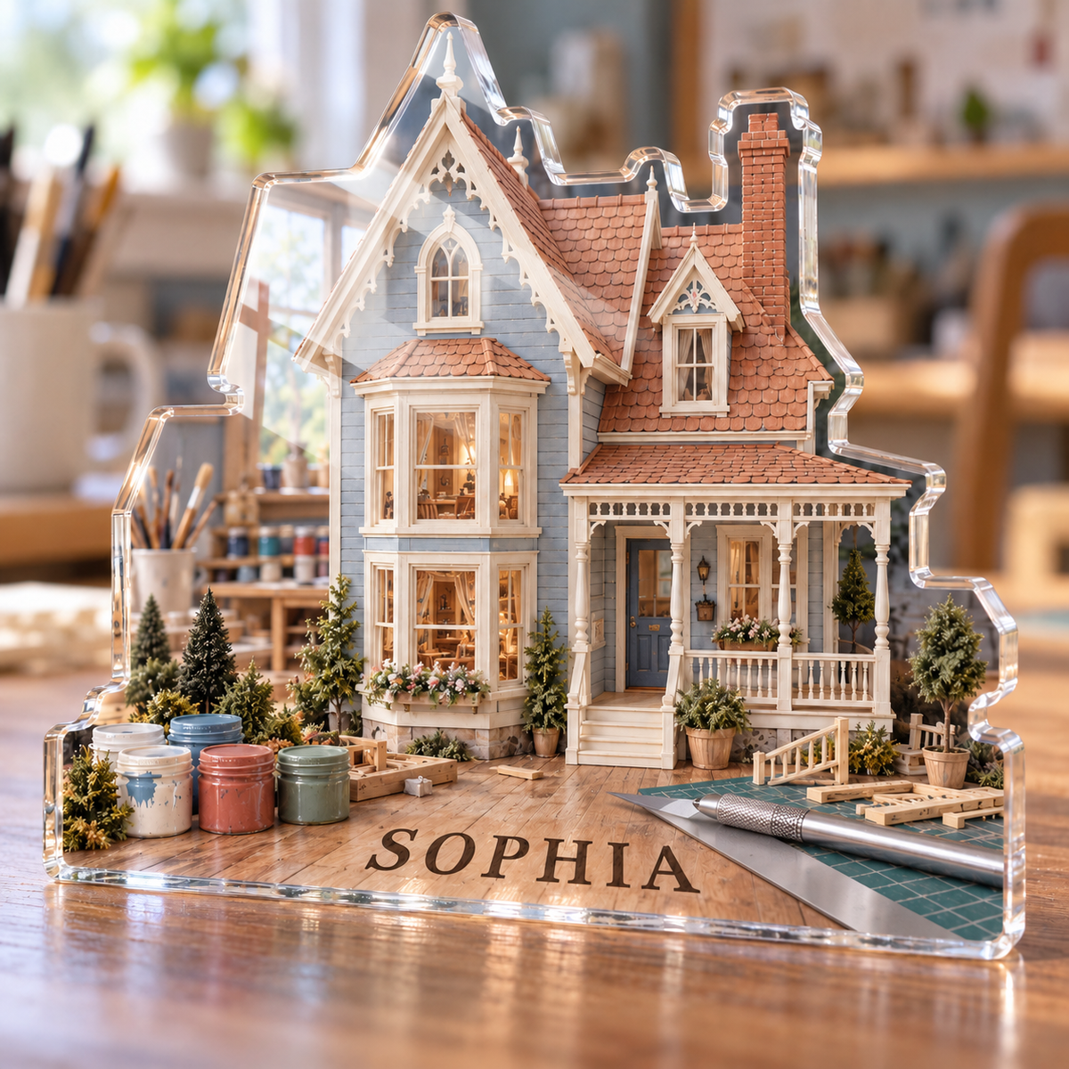 Artwork visualization: Miniature building — beginner encouragement, personalized SOPHIA, subject-shaped acrylic with printed optical 3D depth; not carved relief.