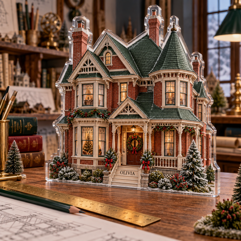 Artwork visualization: Miniature building — mentor appreciation, personalized OLIVIA, subject-shaped acrylic with printed optical 3D depth; not carved relief.