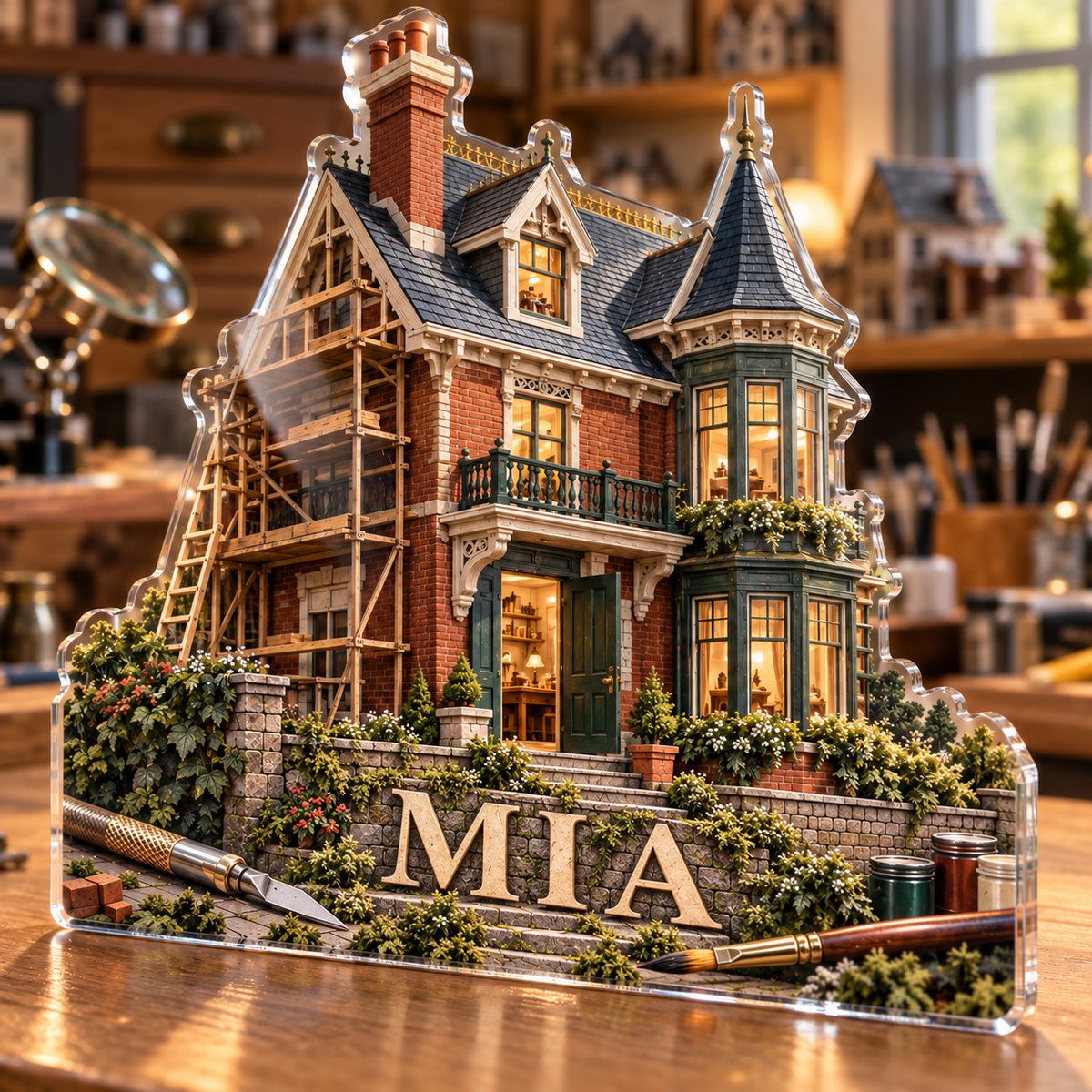 Artwork visualization: Miniature building — retirement hobby gift, personalized MIA, subject-shaped acrylic with printed optical 3D depth; not carved relief.