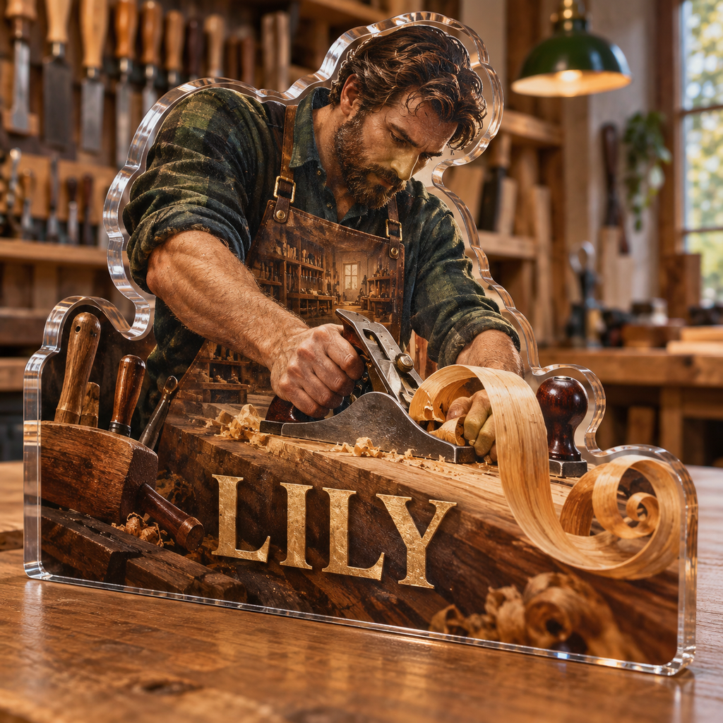 Artwork visualization: Woodworking — studio wall identity, personalized LILY, subject-shaped acrylic with printed optical 3D depth; not carved relief.