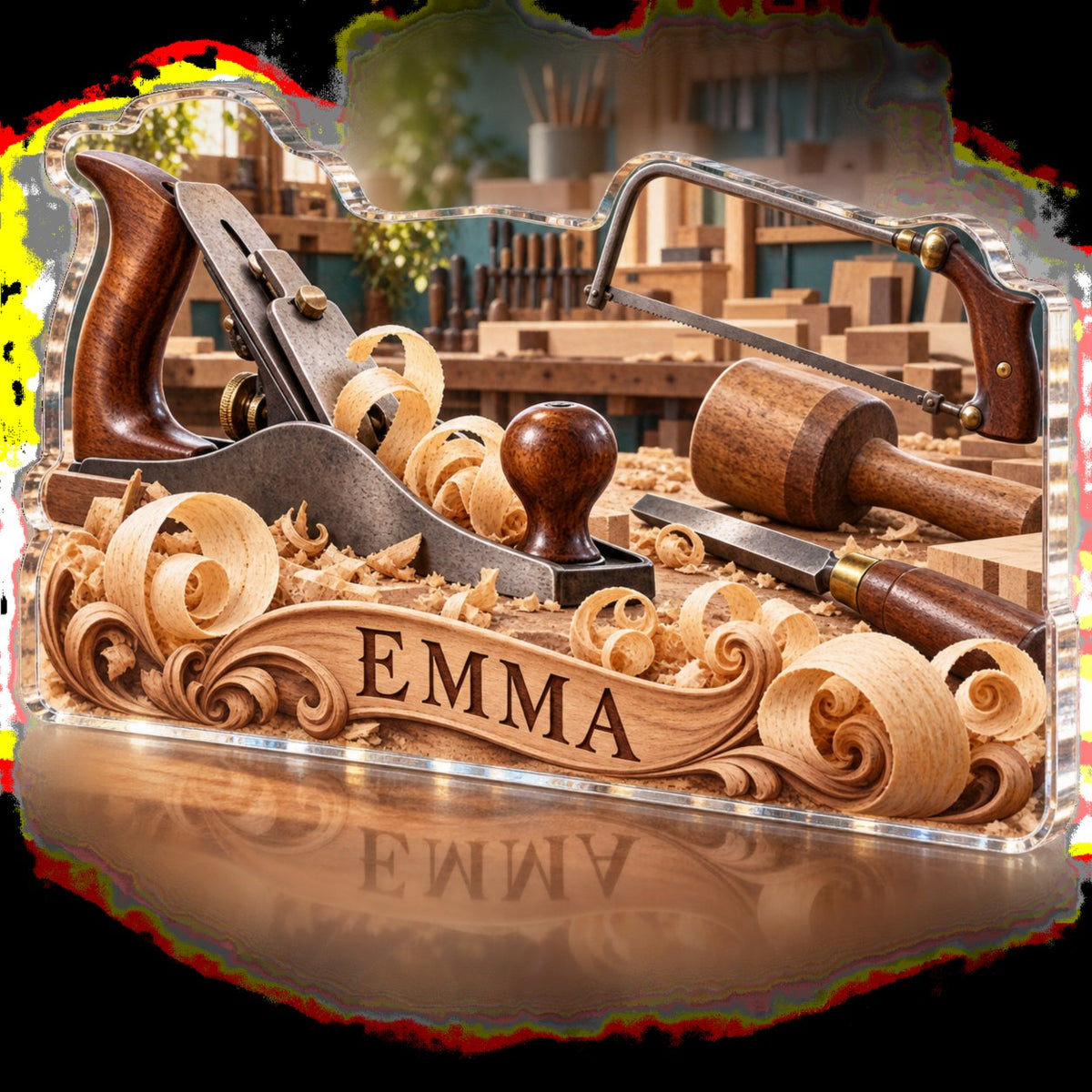 Personalized Woodworking Creative Desk Setup custom shape acrylic plaque with an example name set into the artwork, digital preview