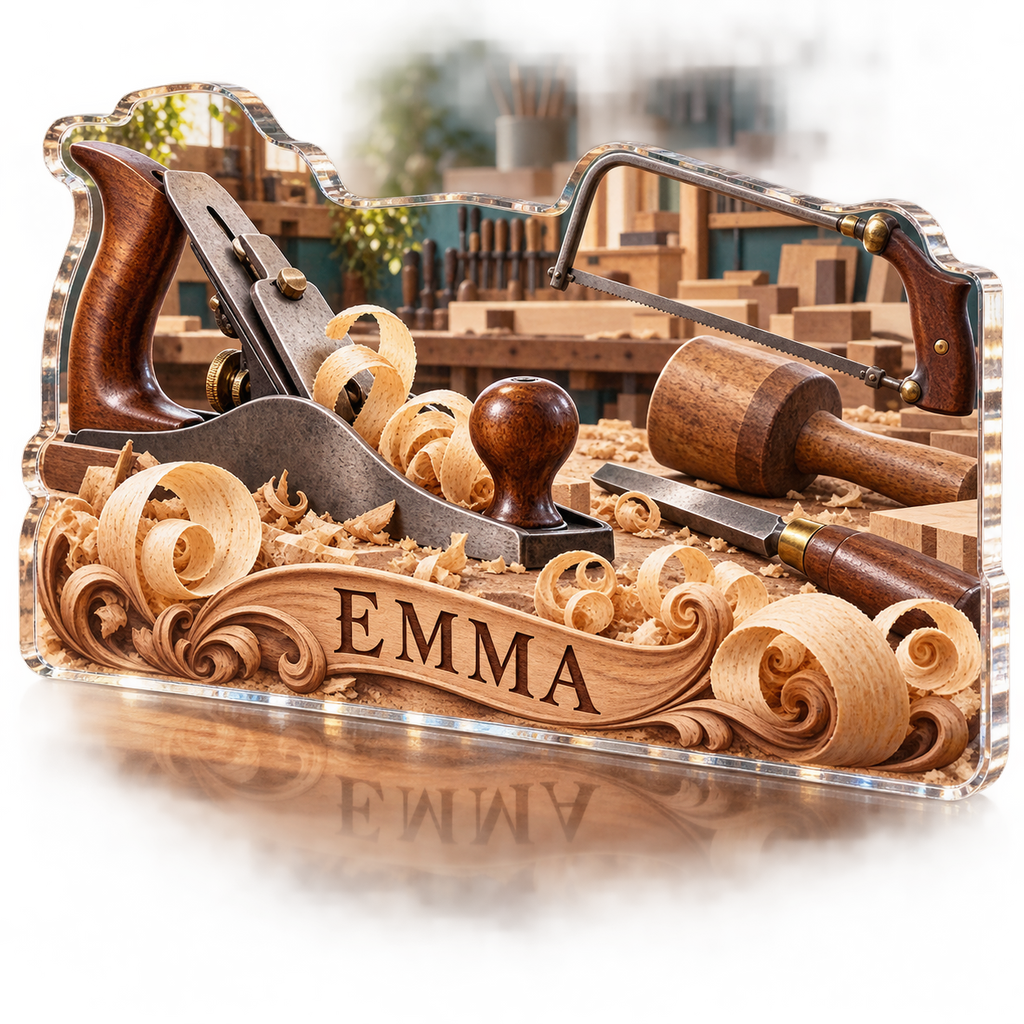 Artwork visualization: Woodworking — creative desk setup, personalized EMMA, subject-shaped acrylic with printed optical 3D depth; not carved relief.