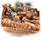 Artwork visualization: Woodworking — creative desk setup, personalized EMMA, subject-shaped acrylic with printed optical 3D depth; not carved relief.