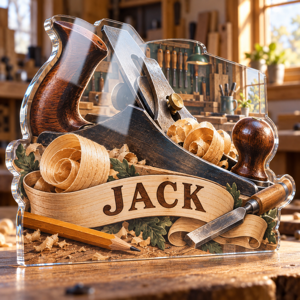 Artwork visualization: Woodworking — beginner encouragement, personalized JACK, subject-shaped acrylic with printed optical 3D depth; not carved relief.