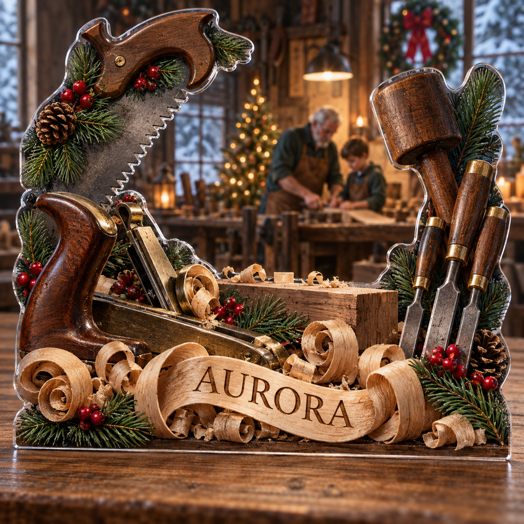 Artwork visualization: Woodworking — mentor appreciation, personalized AURORA, subject-shaped acrylic with printed optical 3D depth; not carved relief.