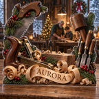 Artwork visualization: Woodworking — mentor appreciation, personalized AURORA, subject-shaped acrylic with printed optical 3D depth; not carved relief.
