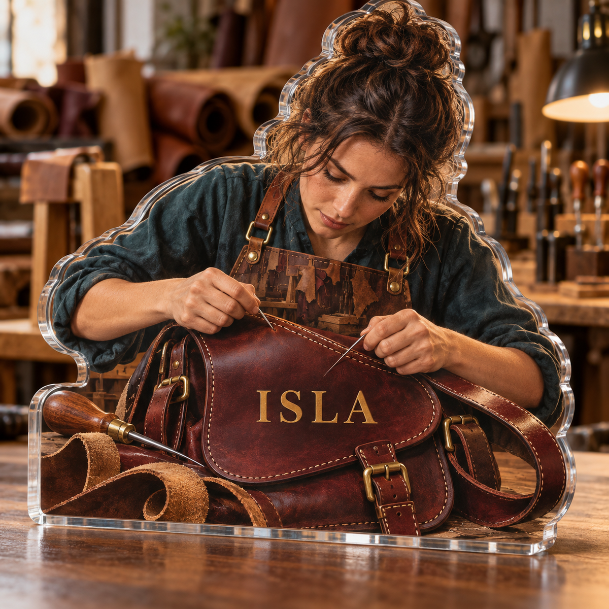 Artwork visualization: Leathercraft — studio wall identity, personalized ISLA, subject-shaped acrylic with printed optical 3D depth; not carved relief.