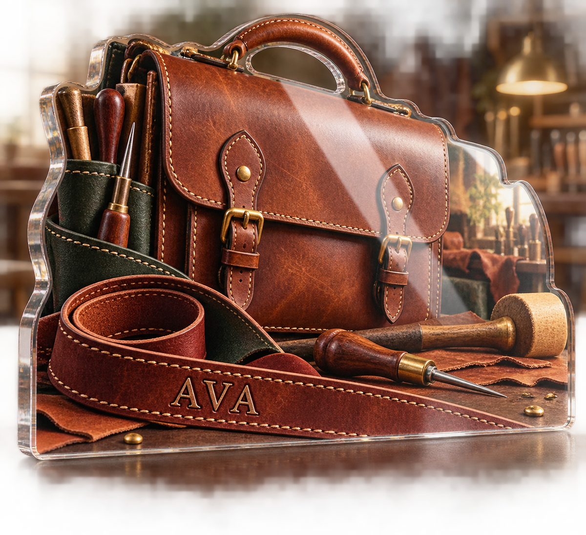 Artwork visualization: Leathercraft — creative desk setup, personalized AVA, subject-shaped acrylic with printed optical 3D depth; not carved relief.